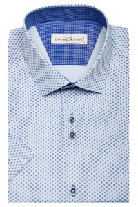 Фото товара Рубашка с коротким рукавом голубая в синий узор, горловина синяя к клетку, артикул: 9012-11 Класичний крій