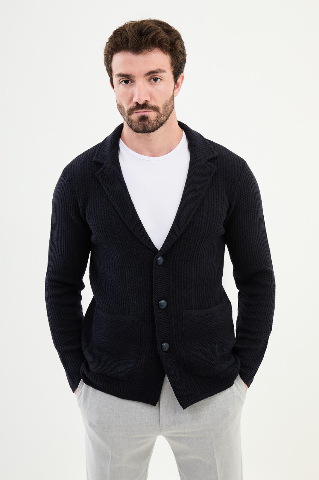 Кардиган темно-синій трикотаж накладні кишені MCR