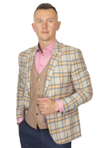 Фото товара Костюм бежевий трійка в синьо-помаранчеву клітинку MCR, артикул: 40692 костюм 3 зріст ( 164-178 )