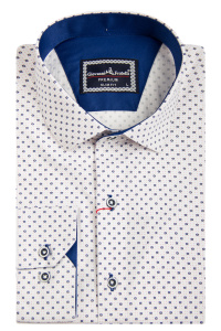 Фото товара Рубашка белая в синий узор, горловина синяя однотонная GIOVANNI FRATELLI, артикул: 1421 Приталені