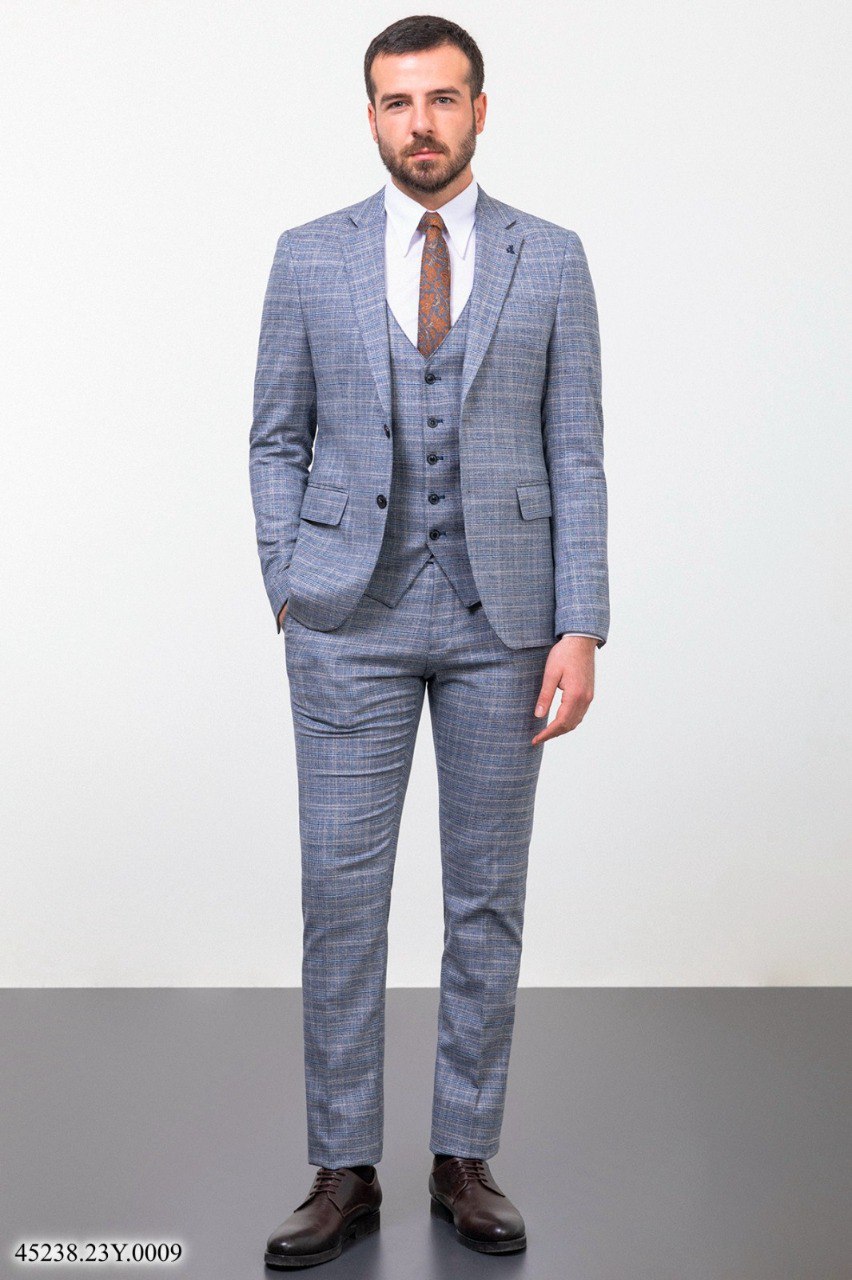 Костюм трійка сіро-голубий клітинку MCR 45238-1