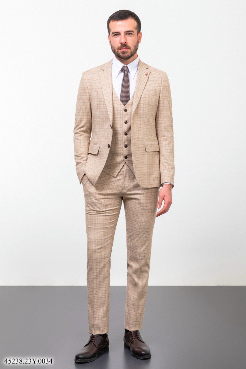 Костюм трійка бежевий у світло-коричневу клітинку MCR