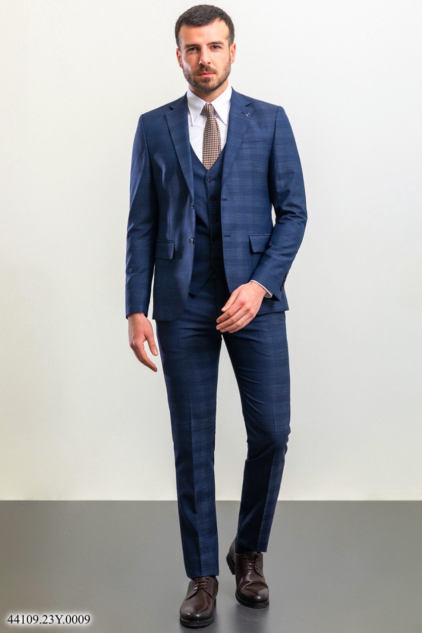 Костюм  трійка синій в текстурну клітинку MCR 44109-2