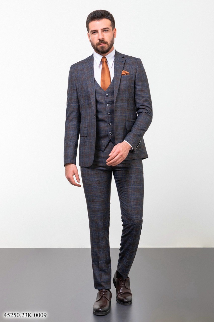 Костюм трійка синій з коричневим в клітинку MCR 45250