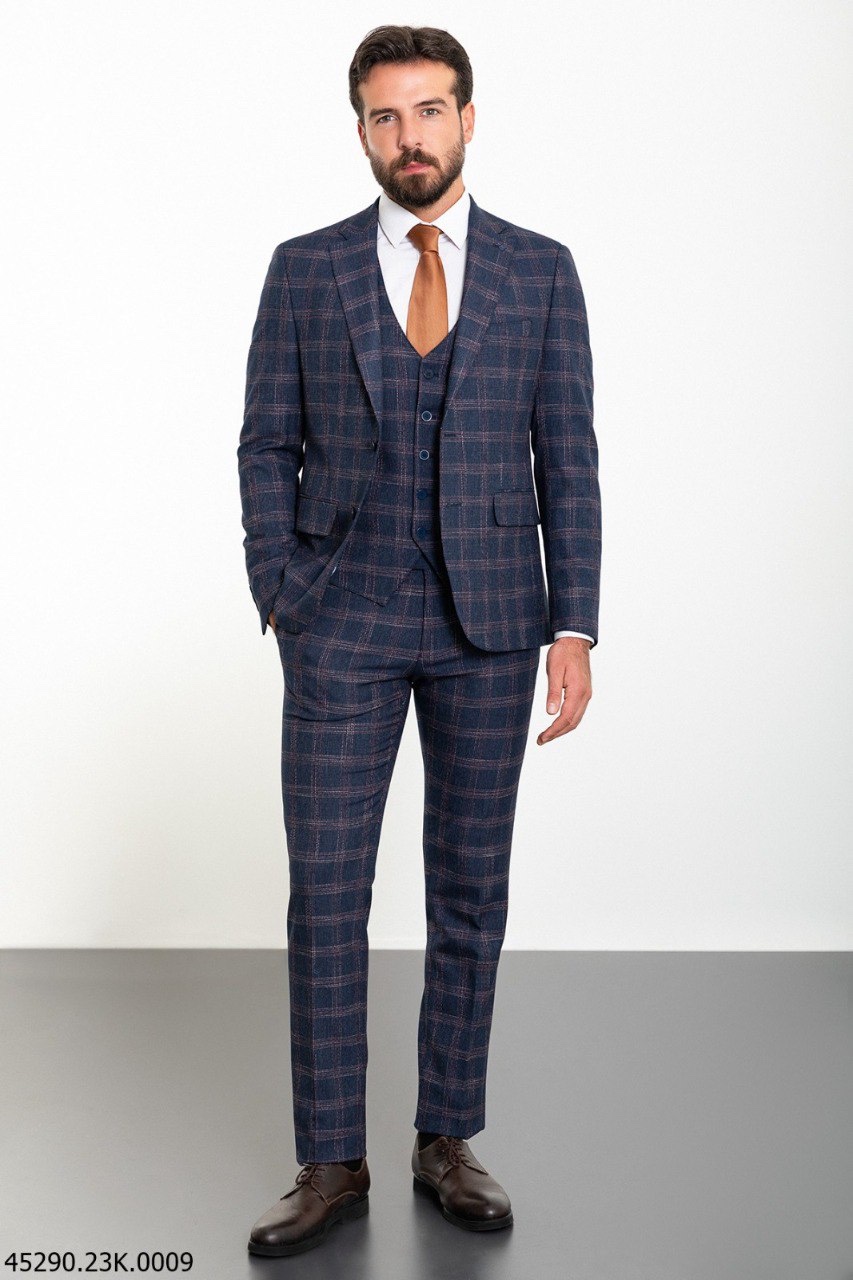 Костюм трійка синій в бордову клітинку MCR -1