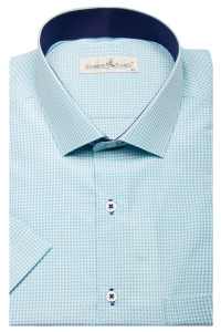 Фото Рубашка с коротким рукавом бирюзовая в клетку артикул: 0343-40 Класичний крій