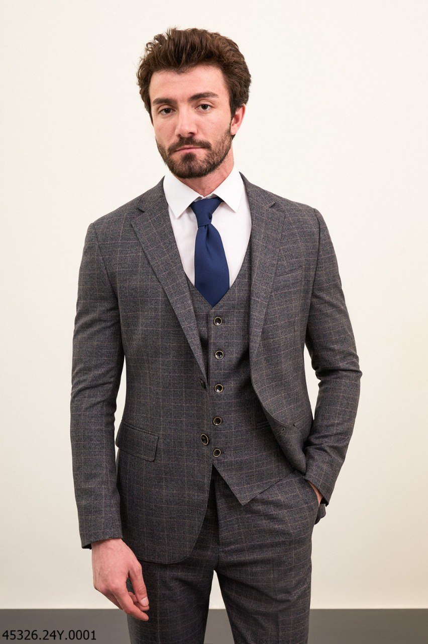 Костюм трійка  cіро-голубий в клітинку  MCR