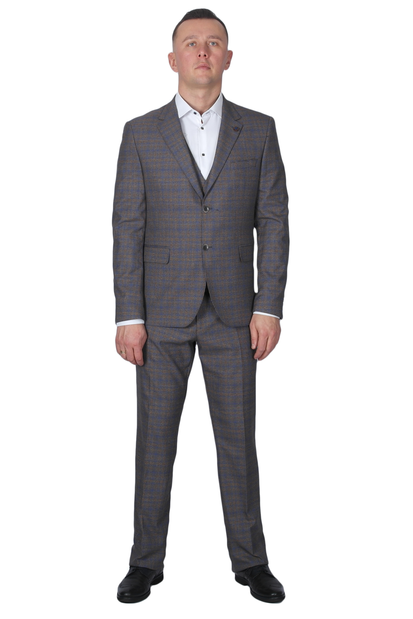 Костюм тройка коричневый в синюю клетку MCR