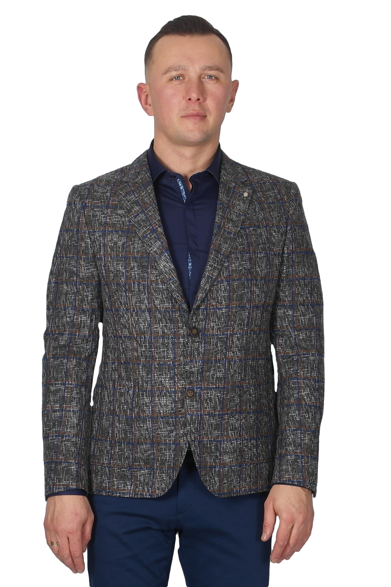 Пиджак букле серый в коричнево-синюю клетку  MCR