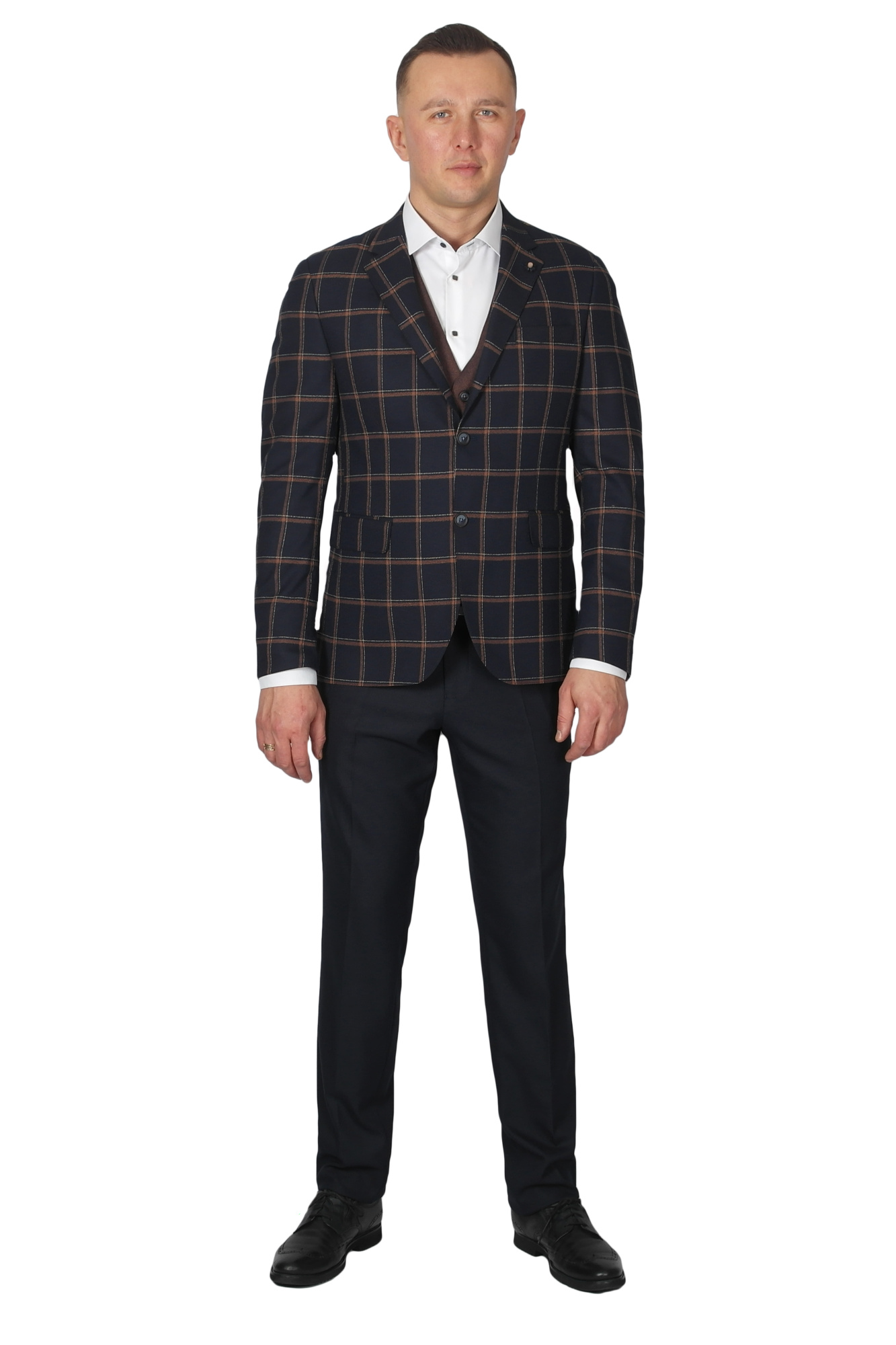 Костюм тройка тёмно-синий в коричневую клетку MCR