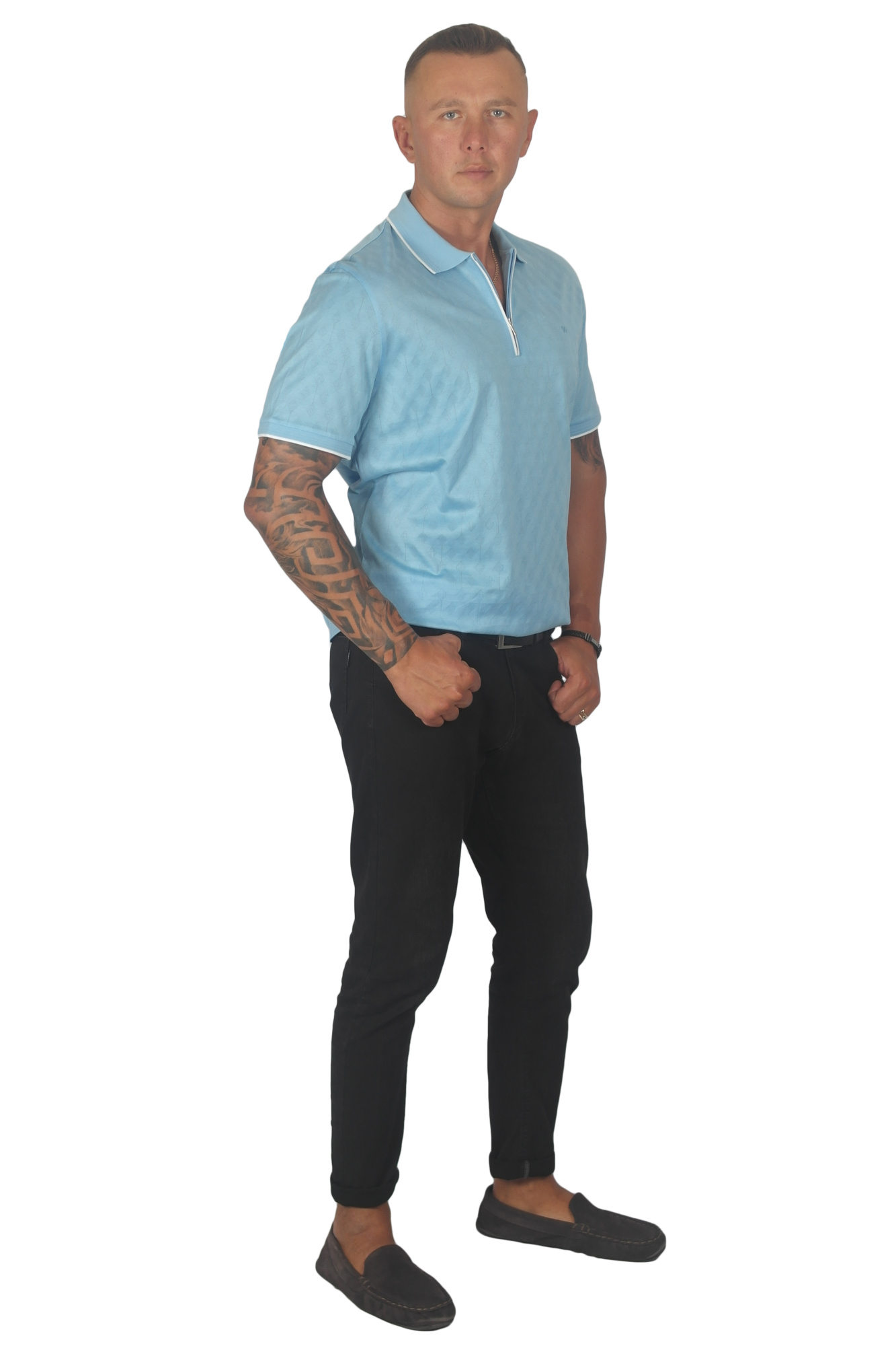 Футболка-поло голубая в узор на молнии  WHITE HOUSE