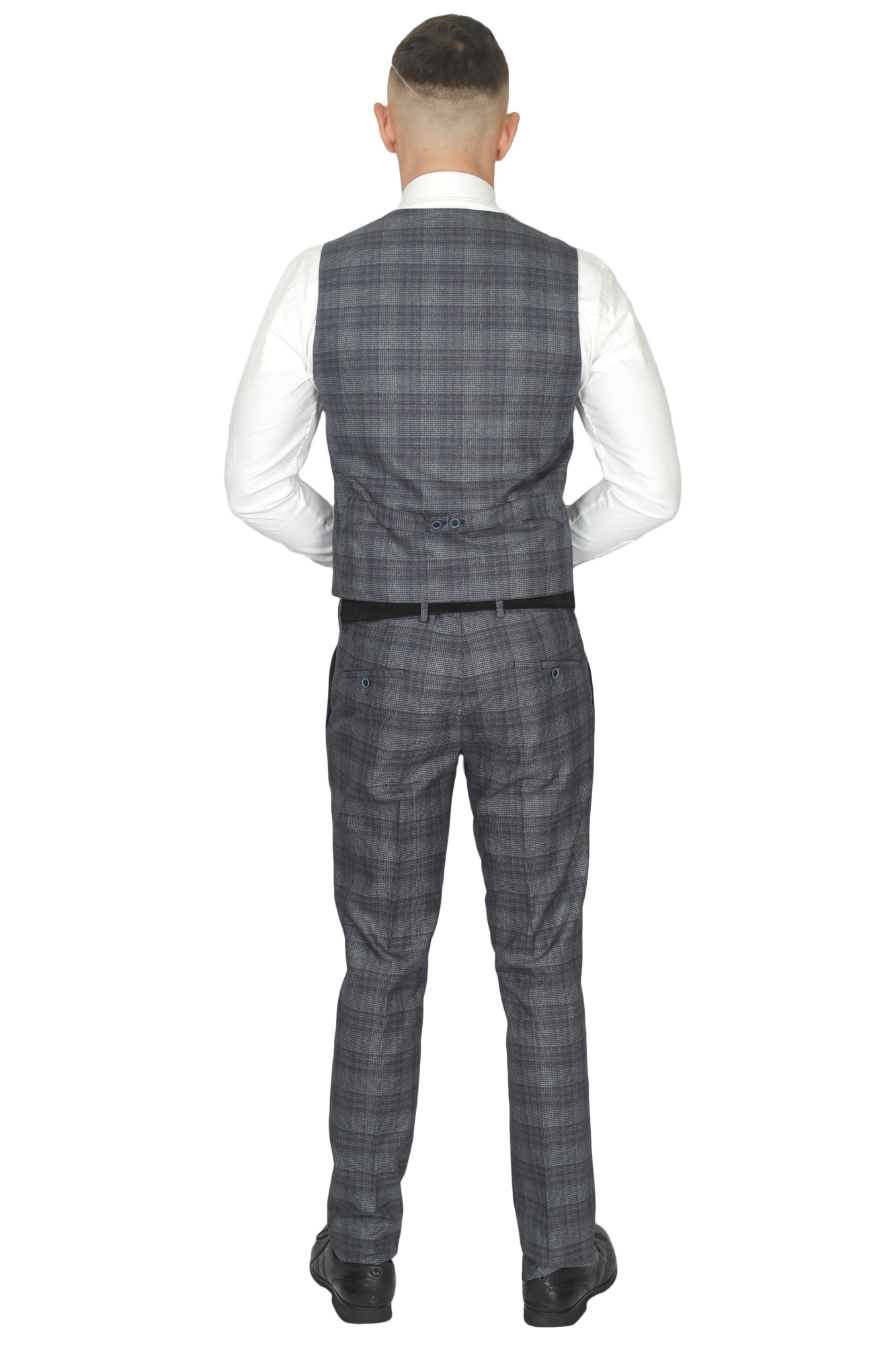 Костюм трійка сіро-синій текстурний в клітинку MCR